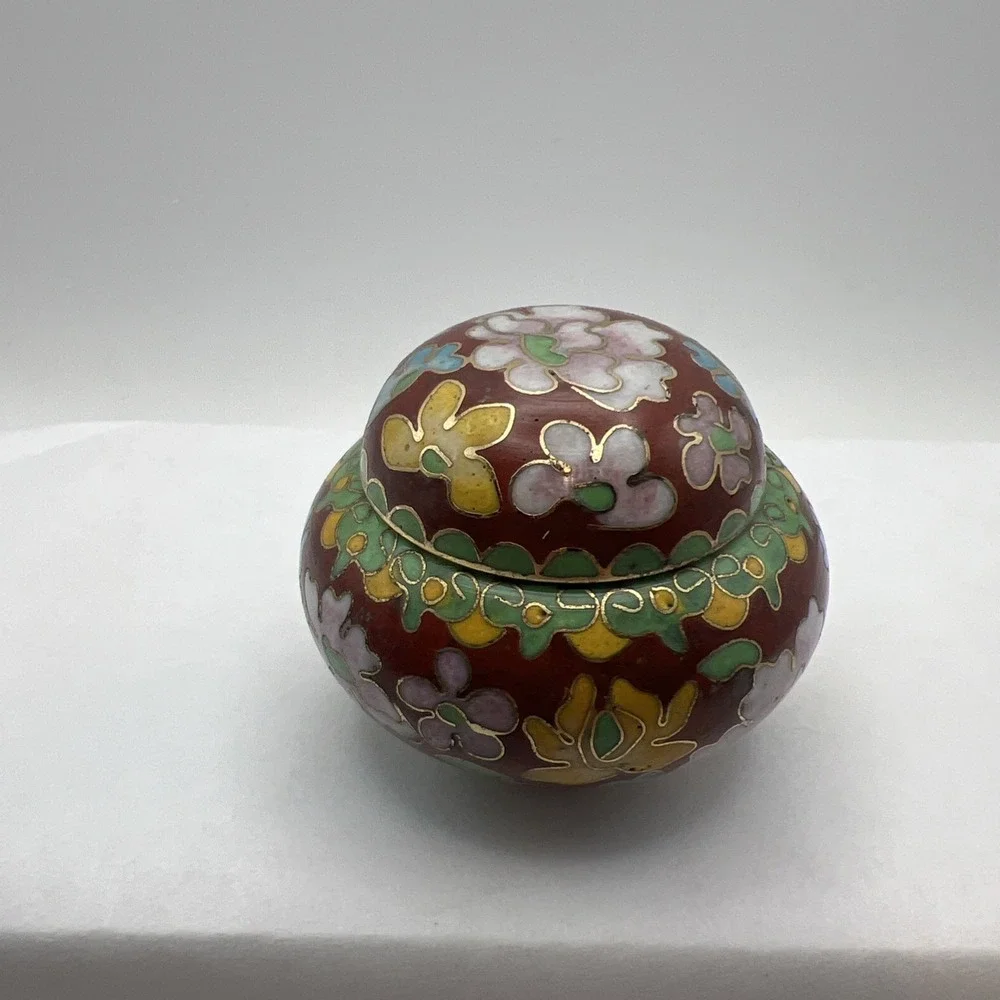 Vtg Small Chinese Floral Cloisonné Enamel Jar With Lid Exc Cond Trinket Bowl